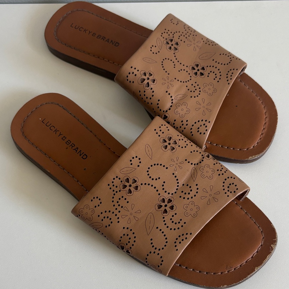 Lucky‎ Brand Tan Slide Sandals Perforated Floral Leather 7